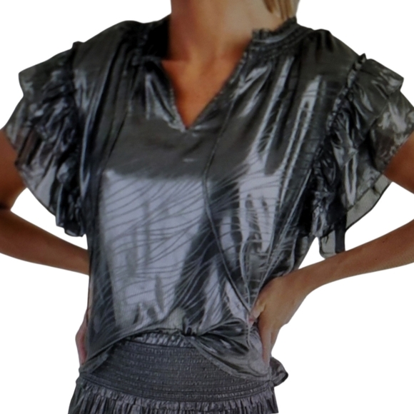RESET by Jane Sasha Shine Blouse Flutter Sleeve Black Silver Metallic New - Picture 1 of 16